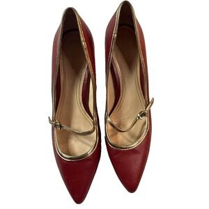 Cole Haan Heels Womens Size 8.5 Red Leather Gold Trim Mary Jane Pumps Shoes Y2K